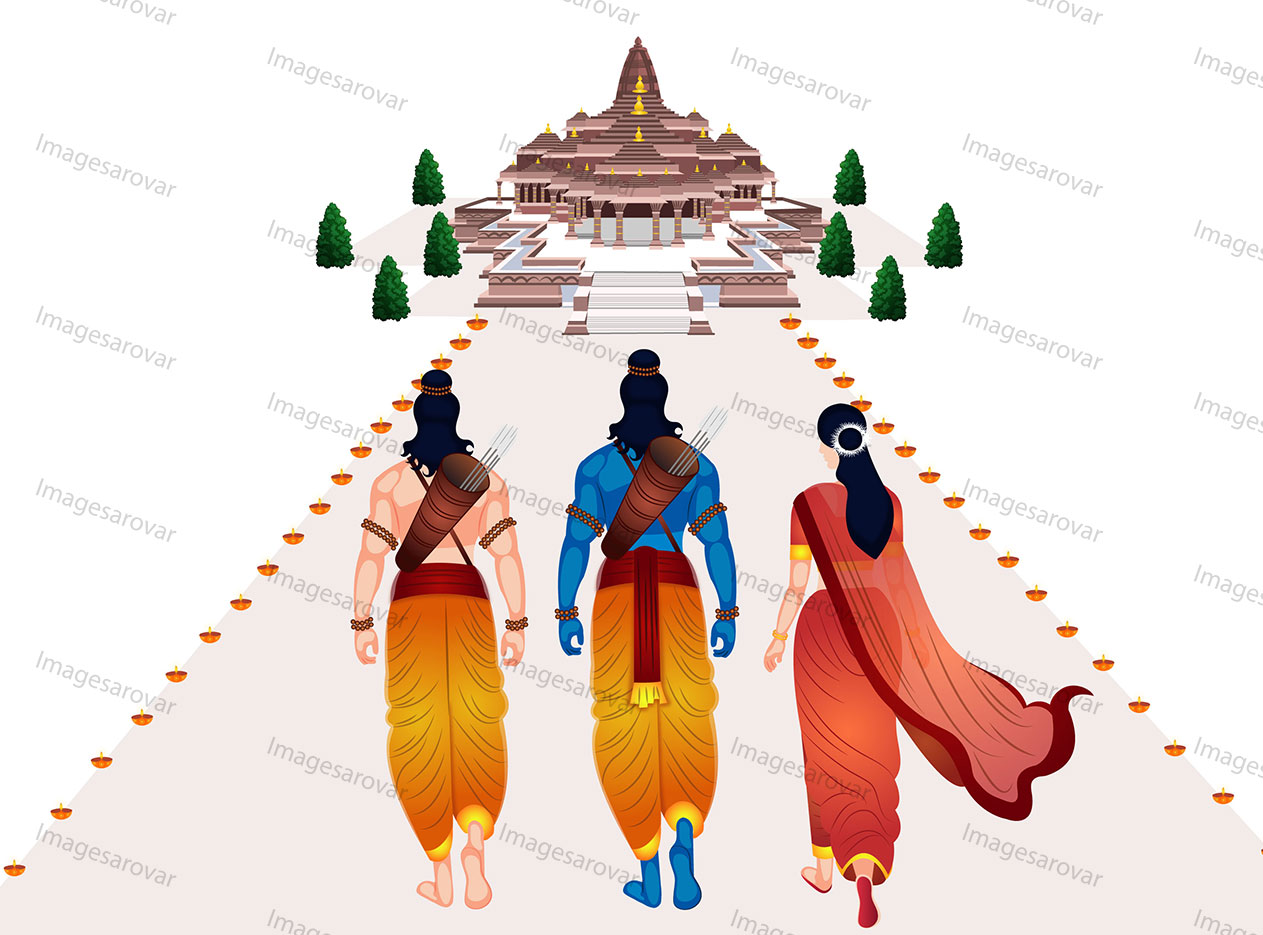 Lord shri ram with mata sita and lakshman returned ayodhya temple vector illustration