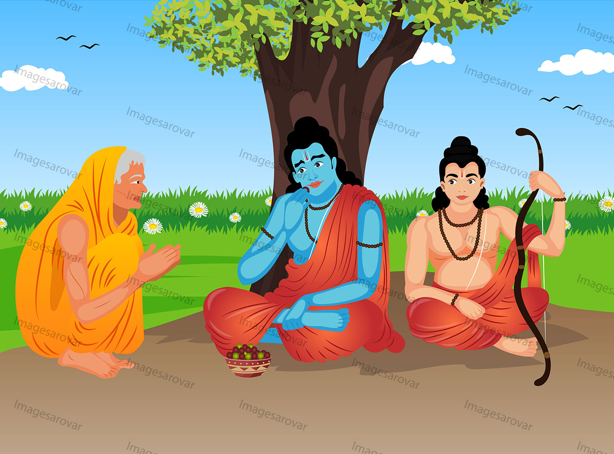 ramayana scene illustration | lord ram eating berries from shabri vector image