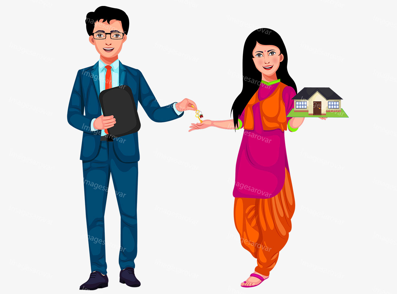 real estate agent selling house to indian women cartoon character vector illustration