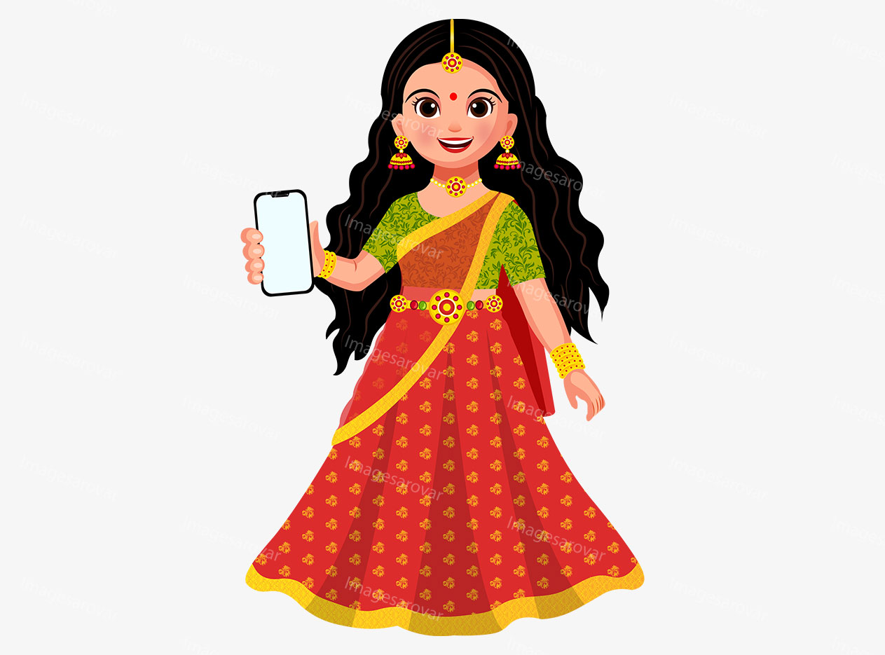 cartoon character of goddess lakshmi showing mobile vector illustration
