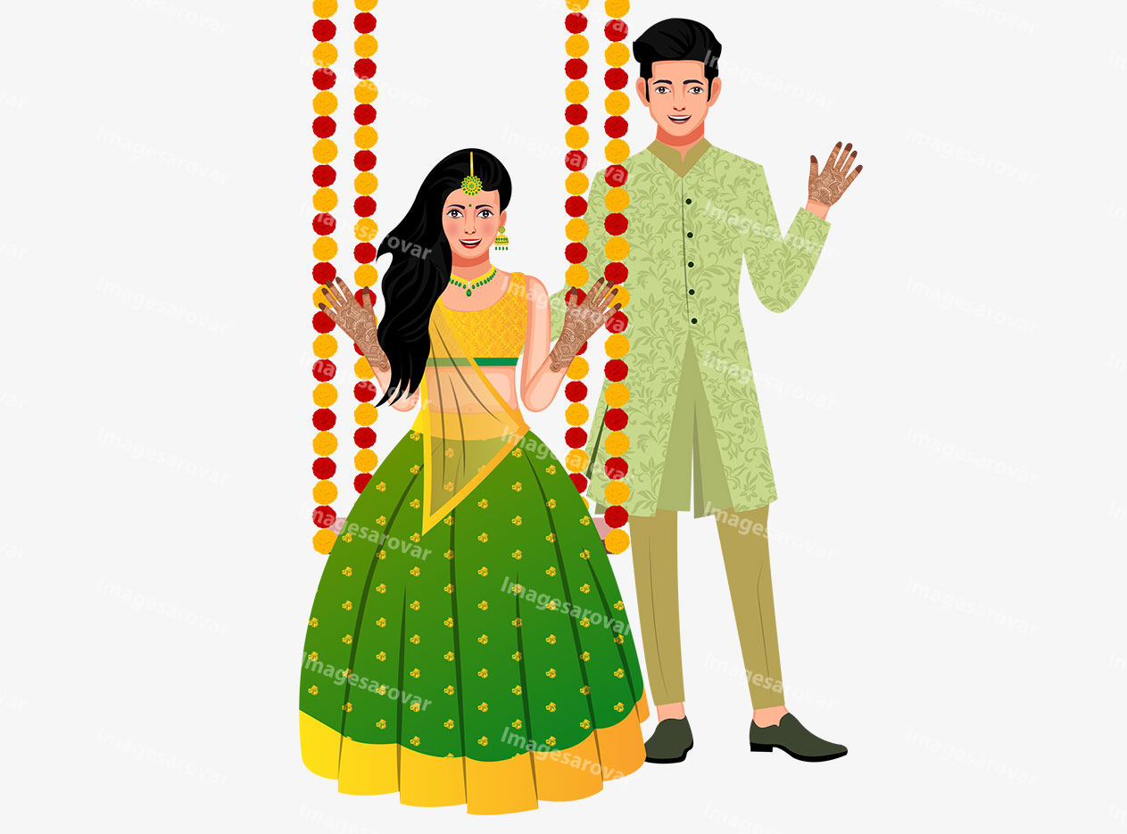 indian bride and groom celebrate mehndi ceremony vector illustration