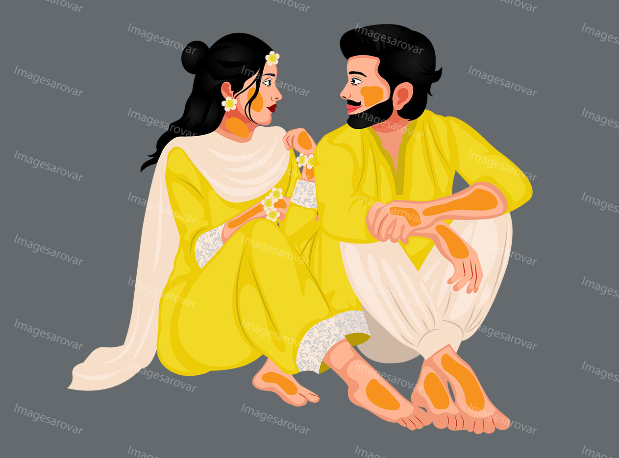 indian wedding couple celebrate haldi ceremony vector illustration