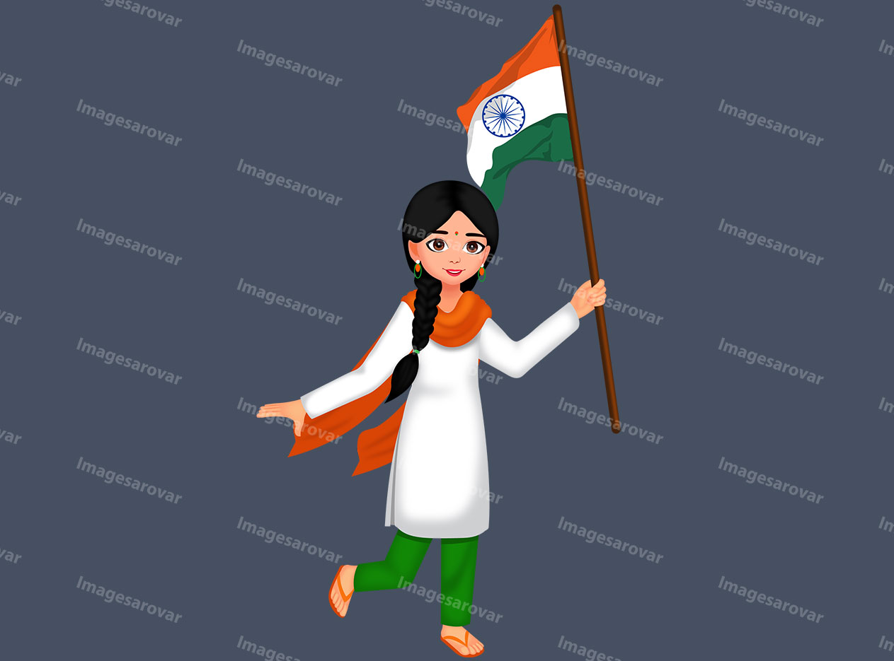 girl waving indian flag cartoon character vector illustration