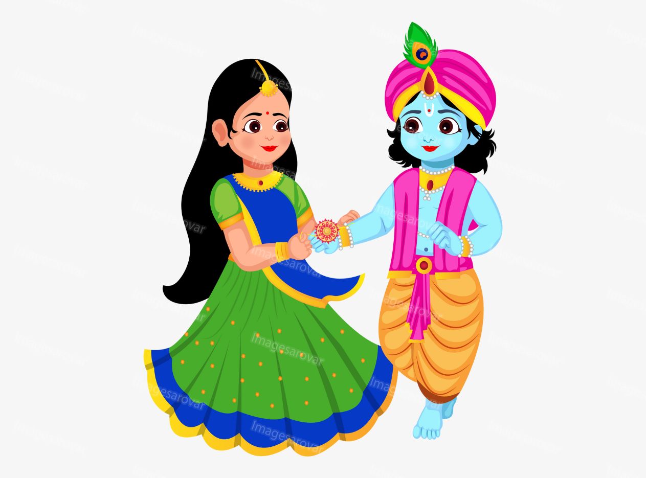 raksha bandhan festival cute girl tying rakhi to lord krishna vector illustration