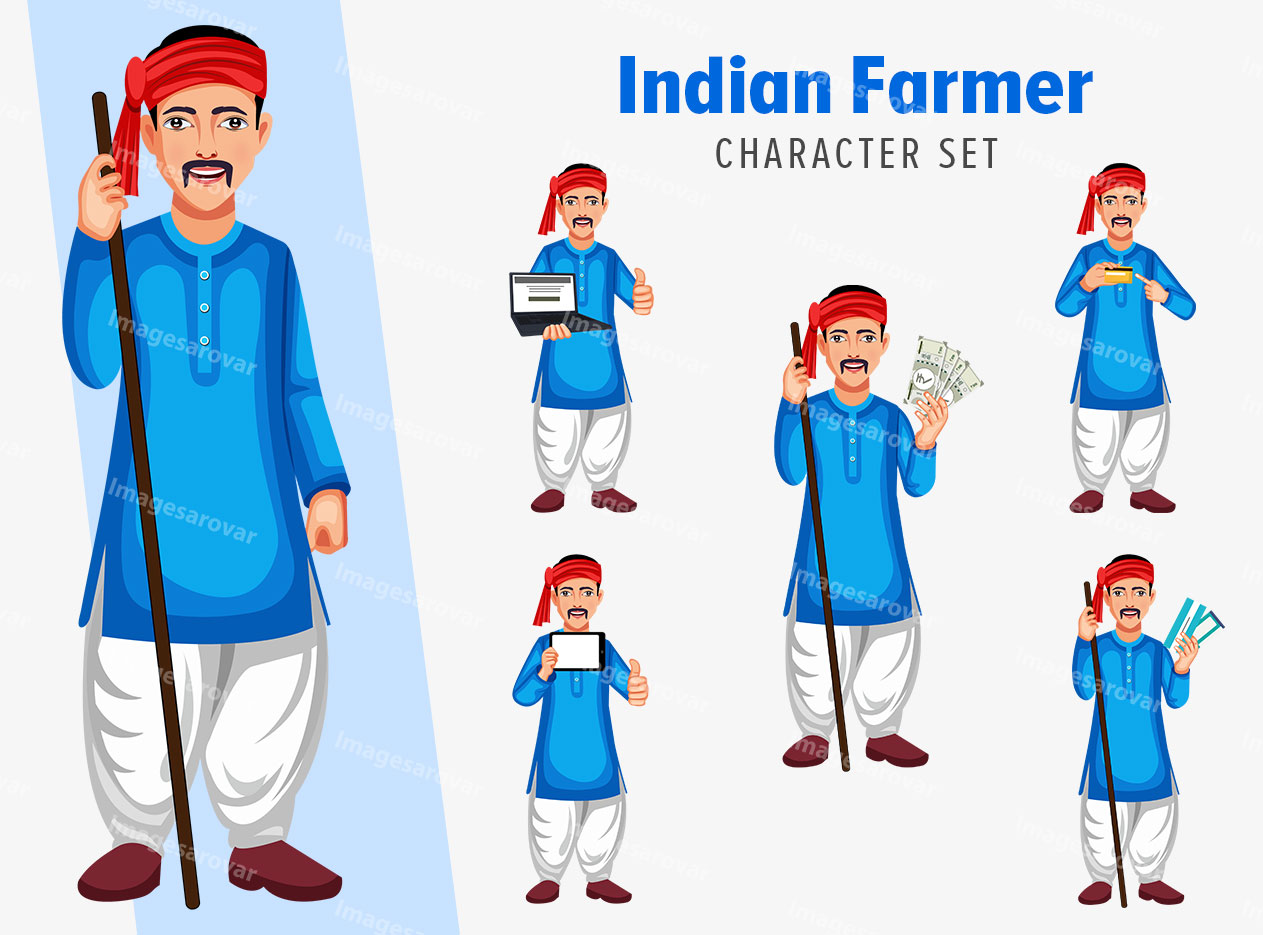 indian farmer vector character set illustration