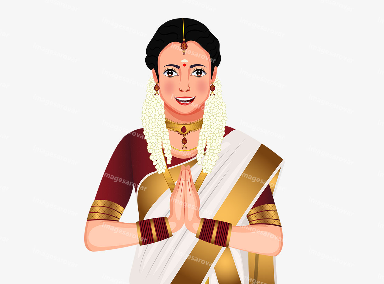 indian kerala woman greeting namaste png vector illustration