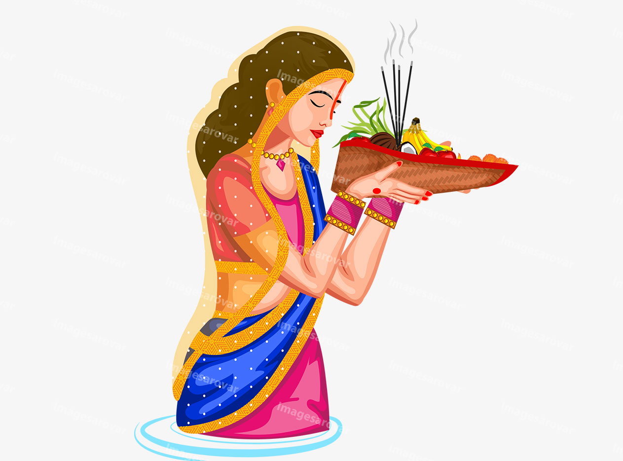 indian woman celebrate chhath puja festival png vector illustration