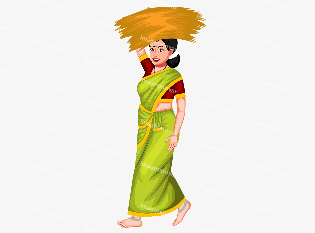 indian farmer woman carrying wheat harvest on head vector illustration