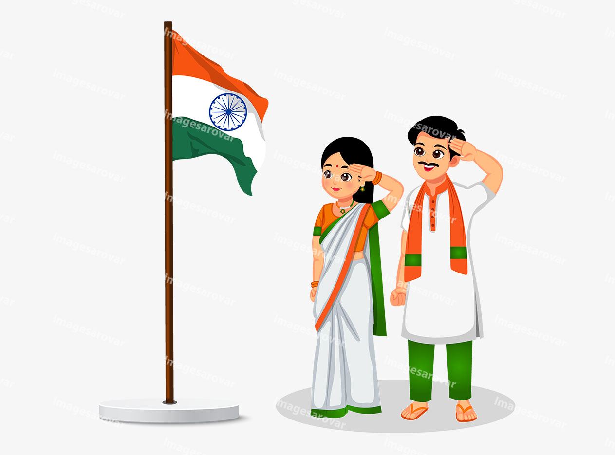 Indian man and woman saluting the Indian flag png vector illustration
