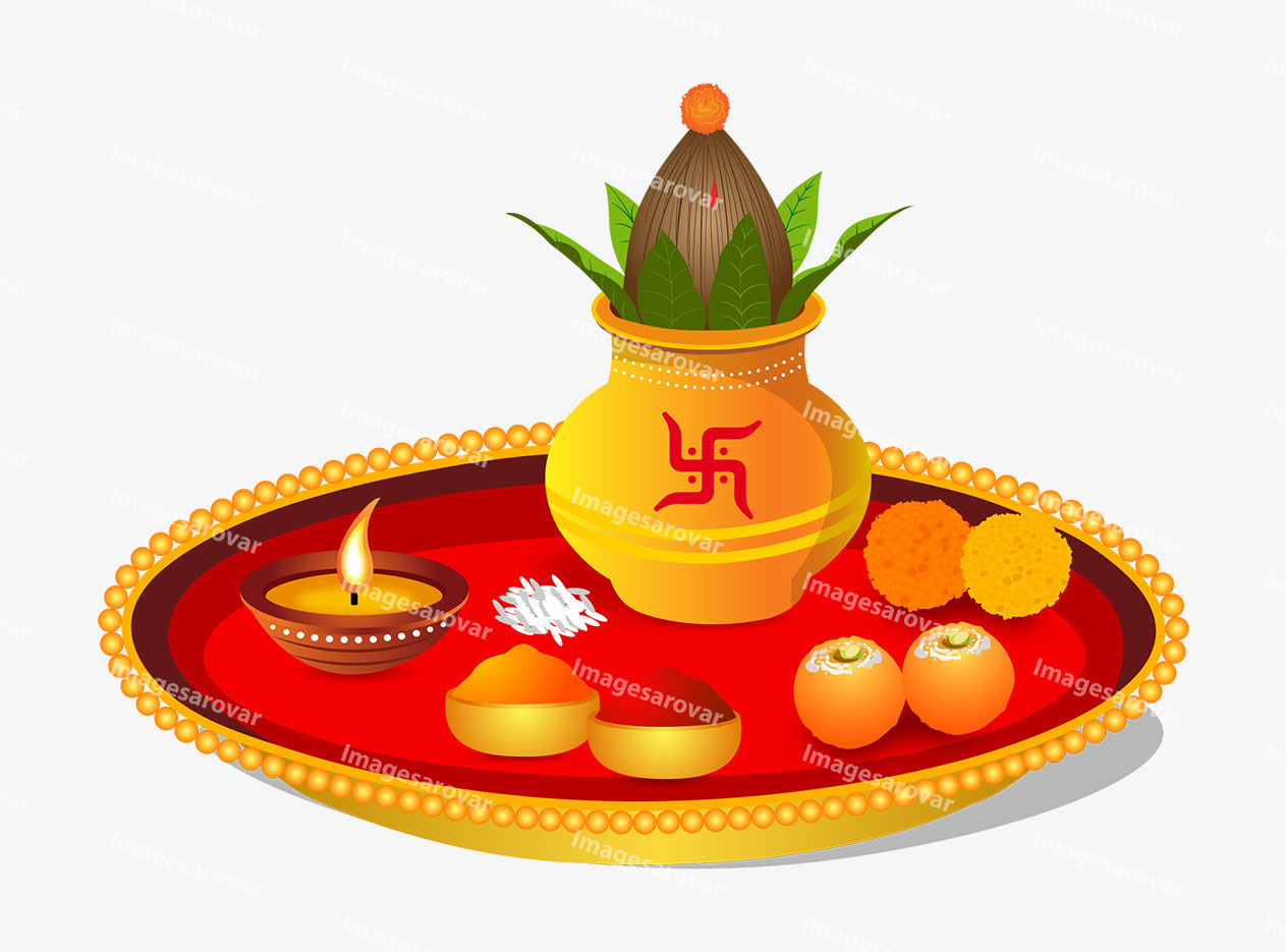 indian traditional pooja thali with kalash png vector illustration