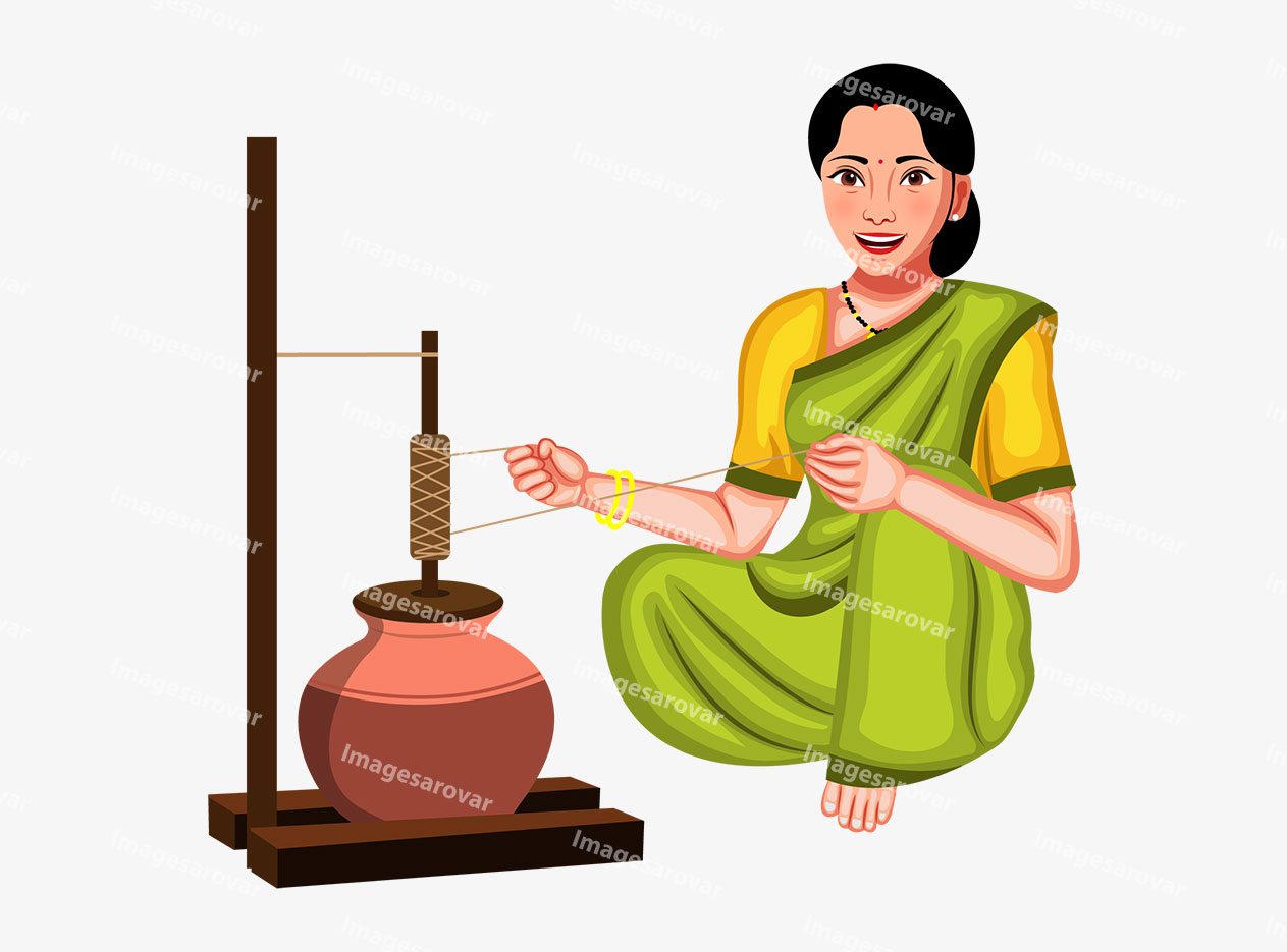 indian village woman making ghee in bilona vector illustration