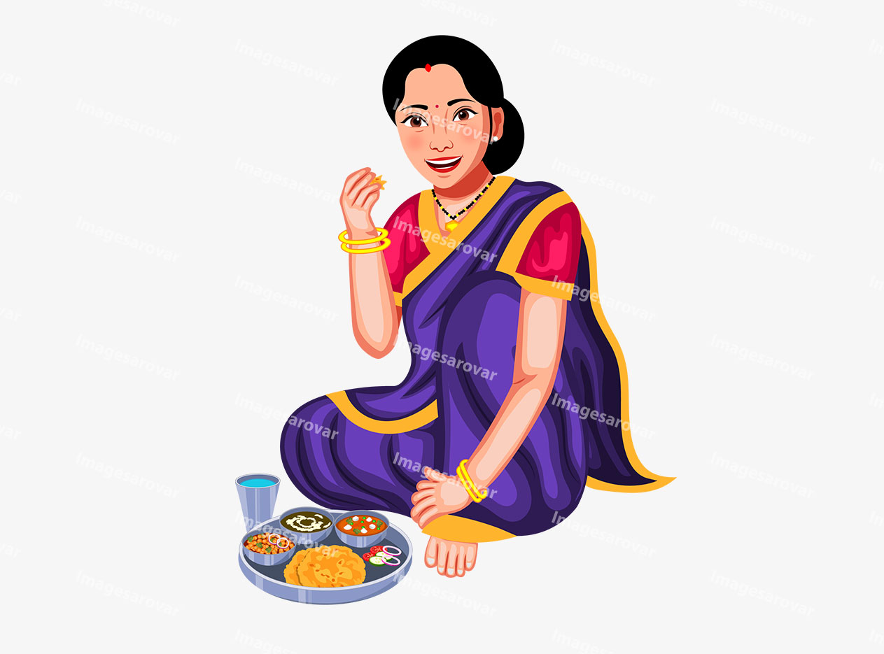 indian woman sitting on the floor and eating food png vector illustration