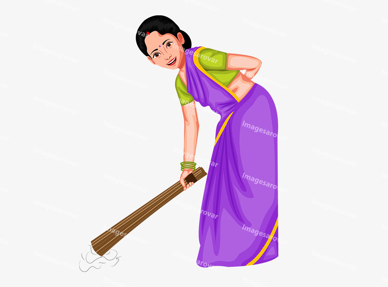 indian woman sweeping floor with broom png vector illustration