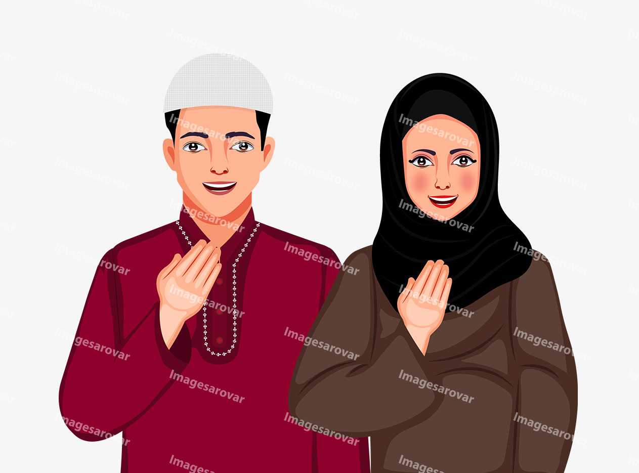 muslim couple aadab pose character png vector illustration