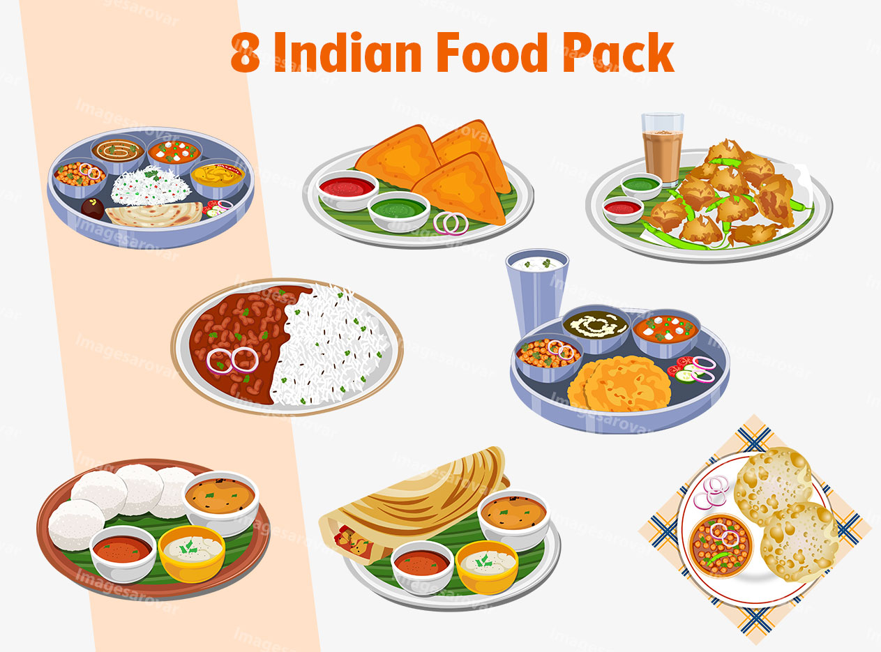 8 indian cuisine food vector illustration set