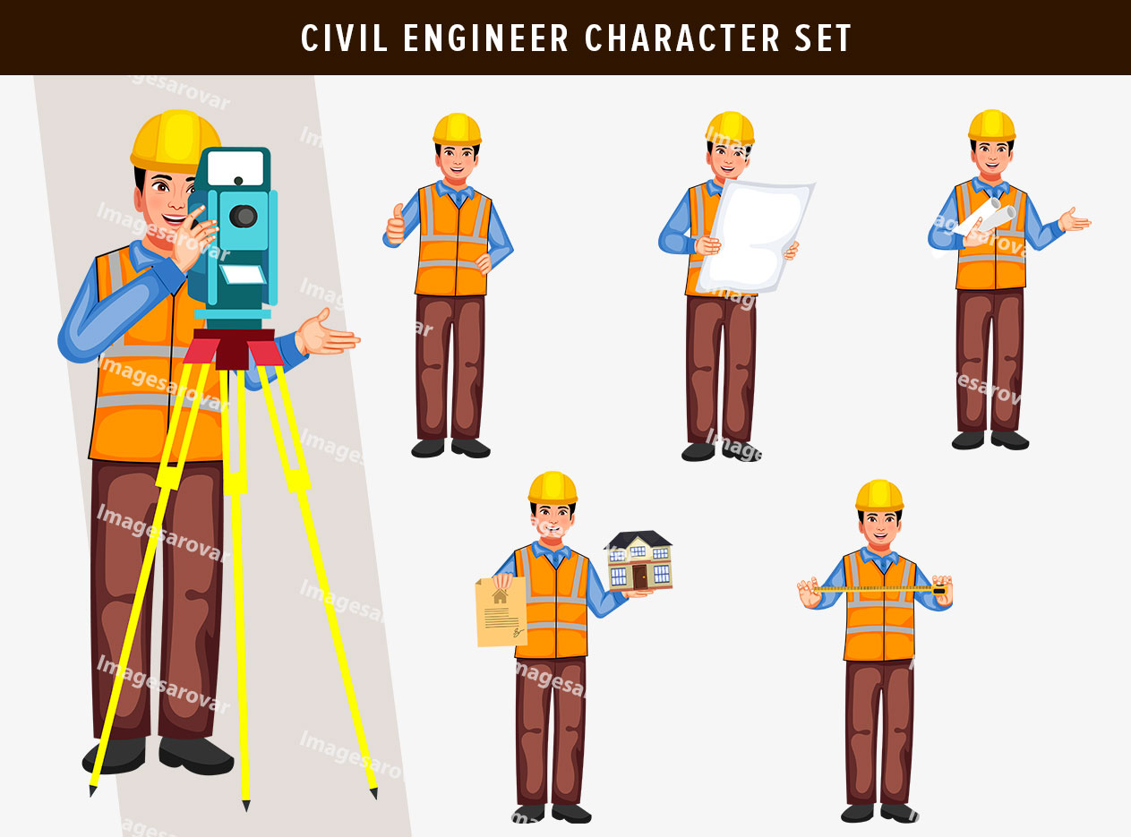 civil engineer cartoon character set vector illustration
