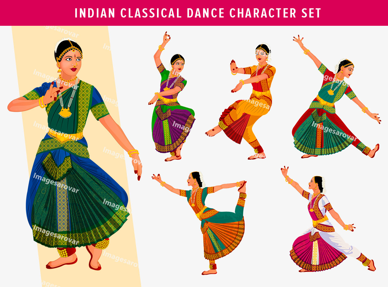 indian classical dance character set vector illustration