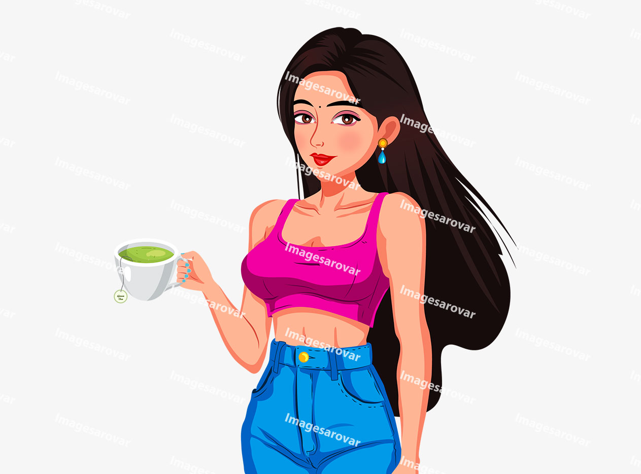 indian girl showing green tea cup png vector illustration