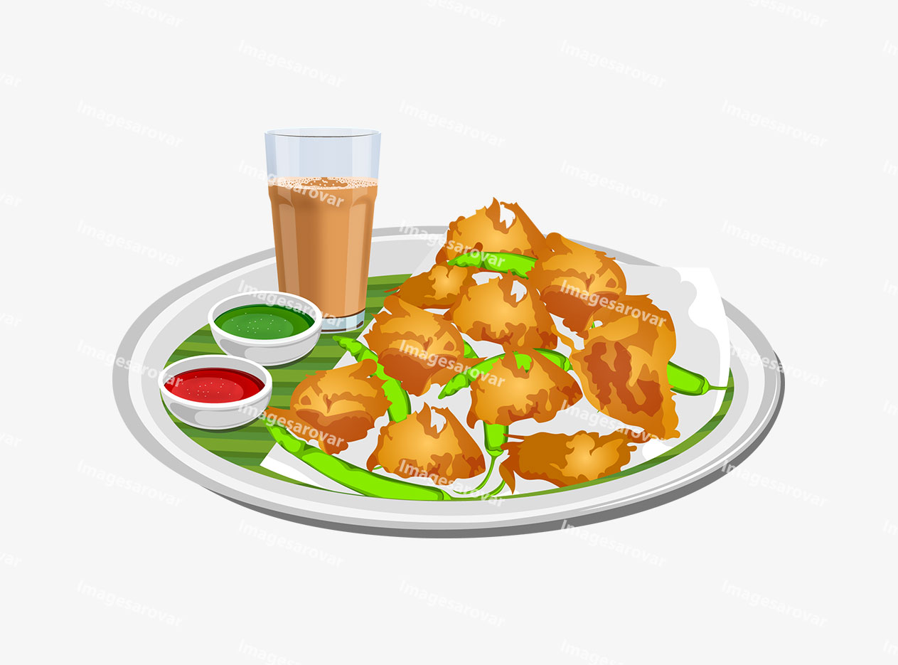 indian snacks pakora with chutney and chai png vector illustration