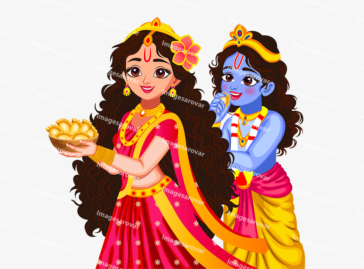 lord krishna and radha eating holi gujiya vector illustration